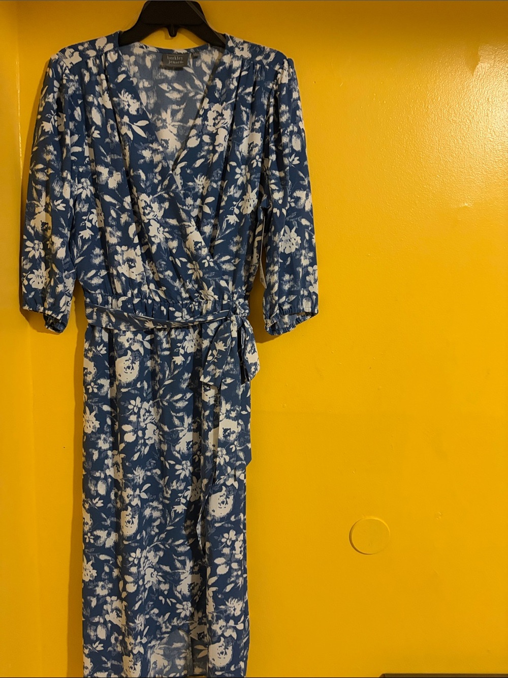 Women’s Blue Floral Wrap Midi Dress with Tie Waist